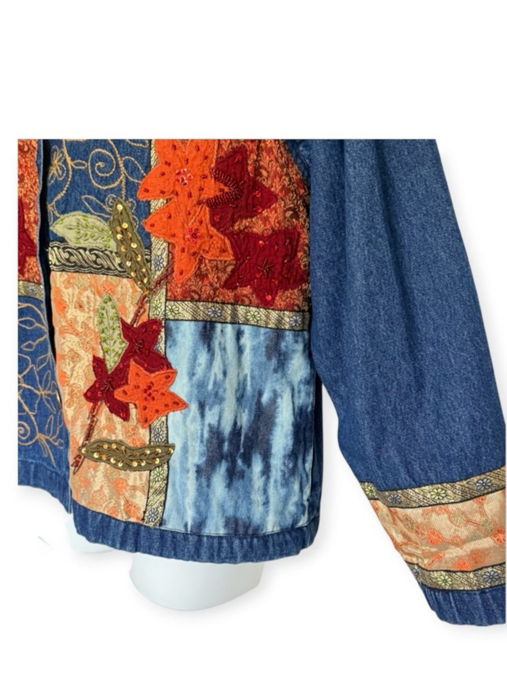 Tantrums Boho Patchwork Denim Jacket Shacket with Autumn Star Appliqués Size M - Picture 4 of 9